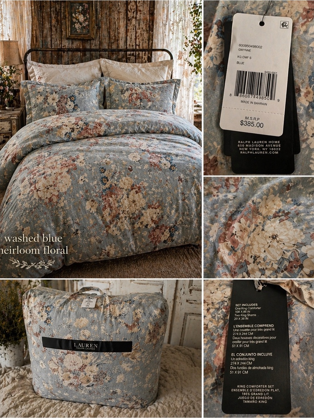 Lauren Ralph Lauren Gwynne King Comforter Set NWT Blue Floral Cottage $385